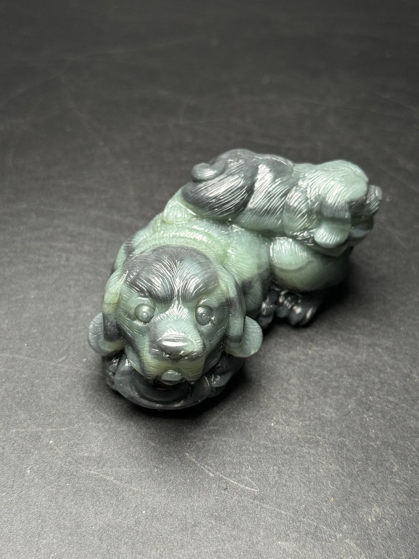 Natural Hetian Jade Hand-Carved Statue w Dog - 2