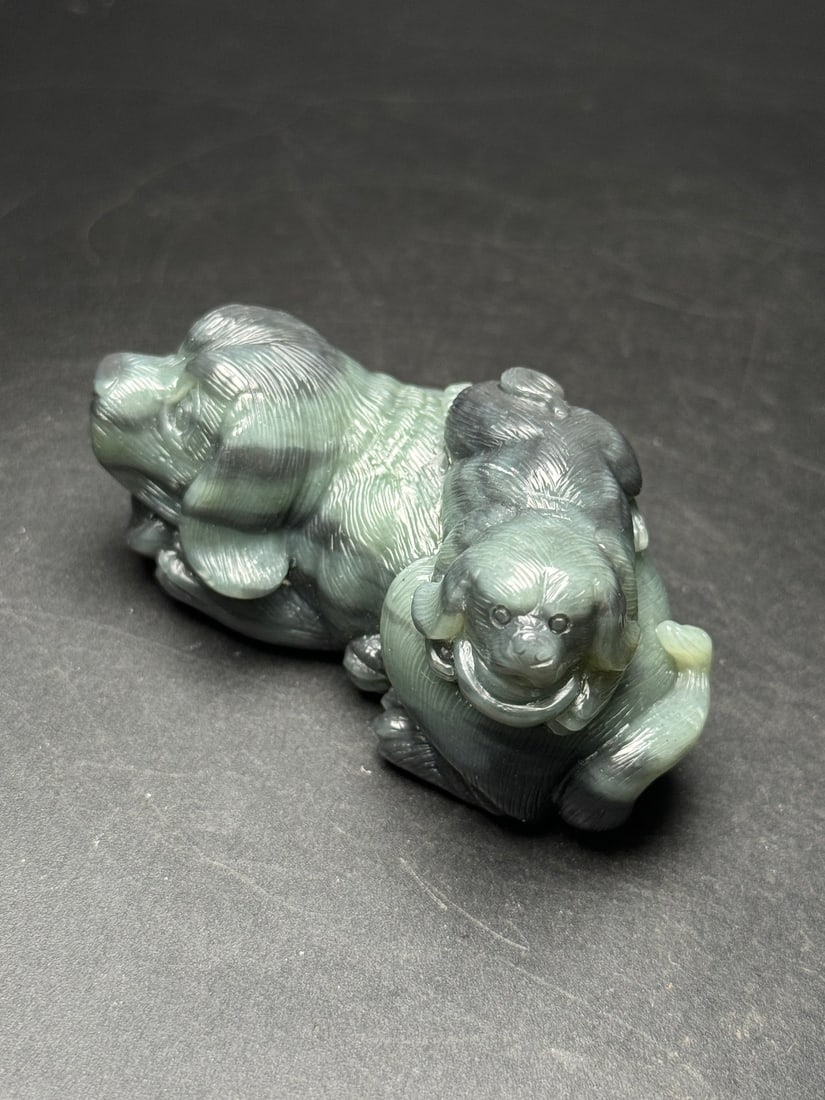 Natural Hetian Jade Hand-Carved Statue w Dog - 3