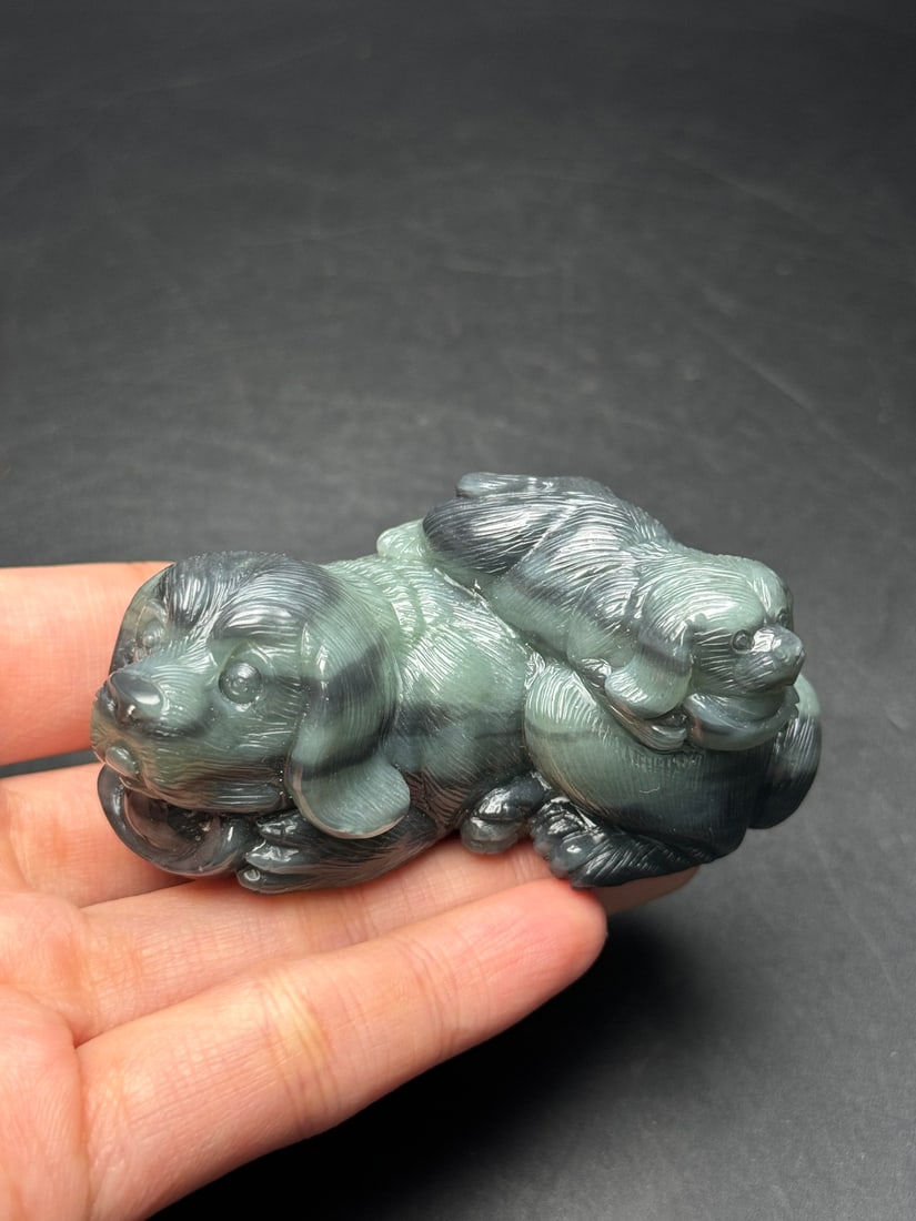 Natural Hetian Jade Hand-Carved Statue w Dog - 8