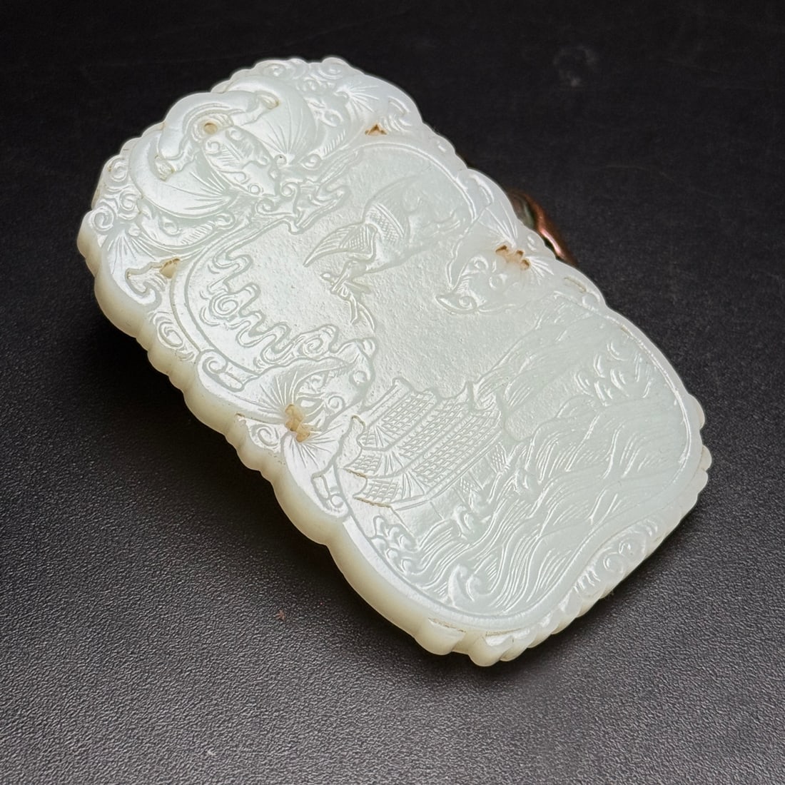 Natural Hetian Jade Low Relief Pendant w Fortune Bat & Crane - 3