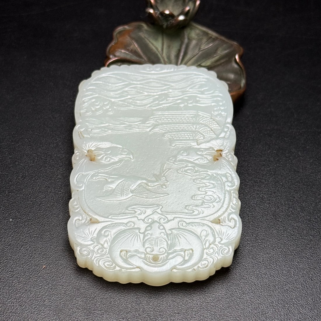Natural Hetian Jade Low Relief Pendant w Fortune Bat & Crane - 5