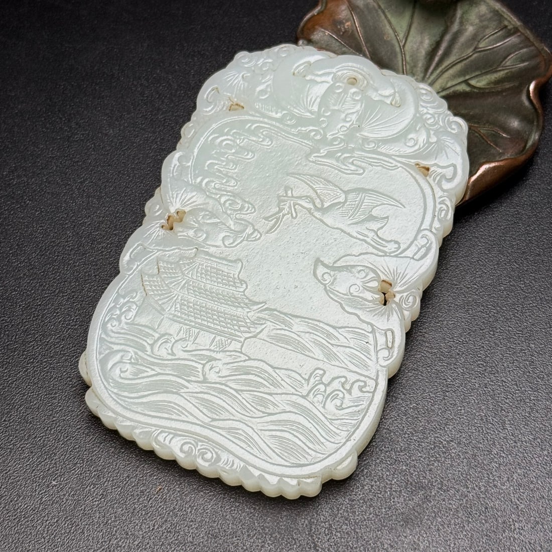 Natural Hetian Jade Low Relief Pendant w Fortune Bat & Crane - 7