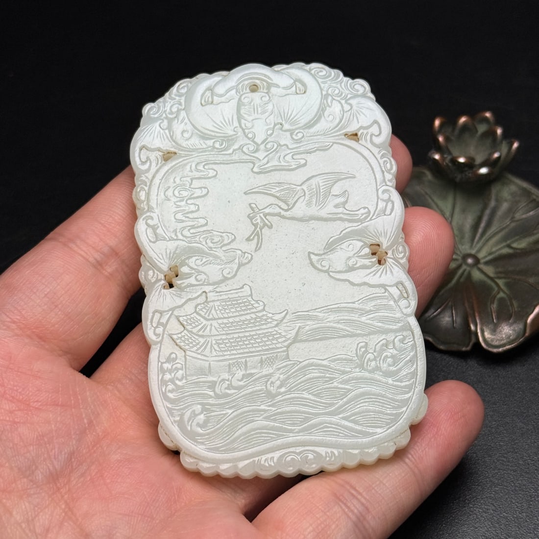 Natural Hetian Jade Low Relief Pendant w Fortune Bat & Crane - 8