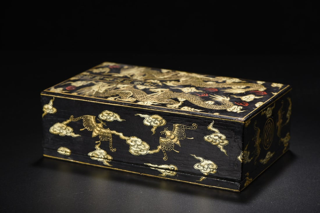 Vinatge Gilt Gold Wooden-cored Lacquerware Box w Fortune Dragon (1 of 9)