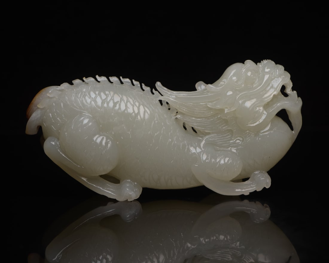 Natural Hetian Jade Hand-Carved Statue w Fortune Kylin - 6