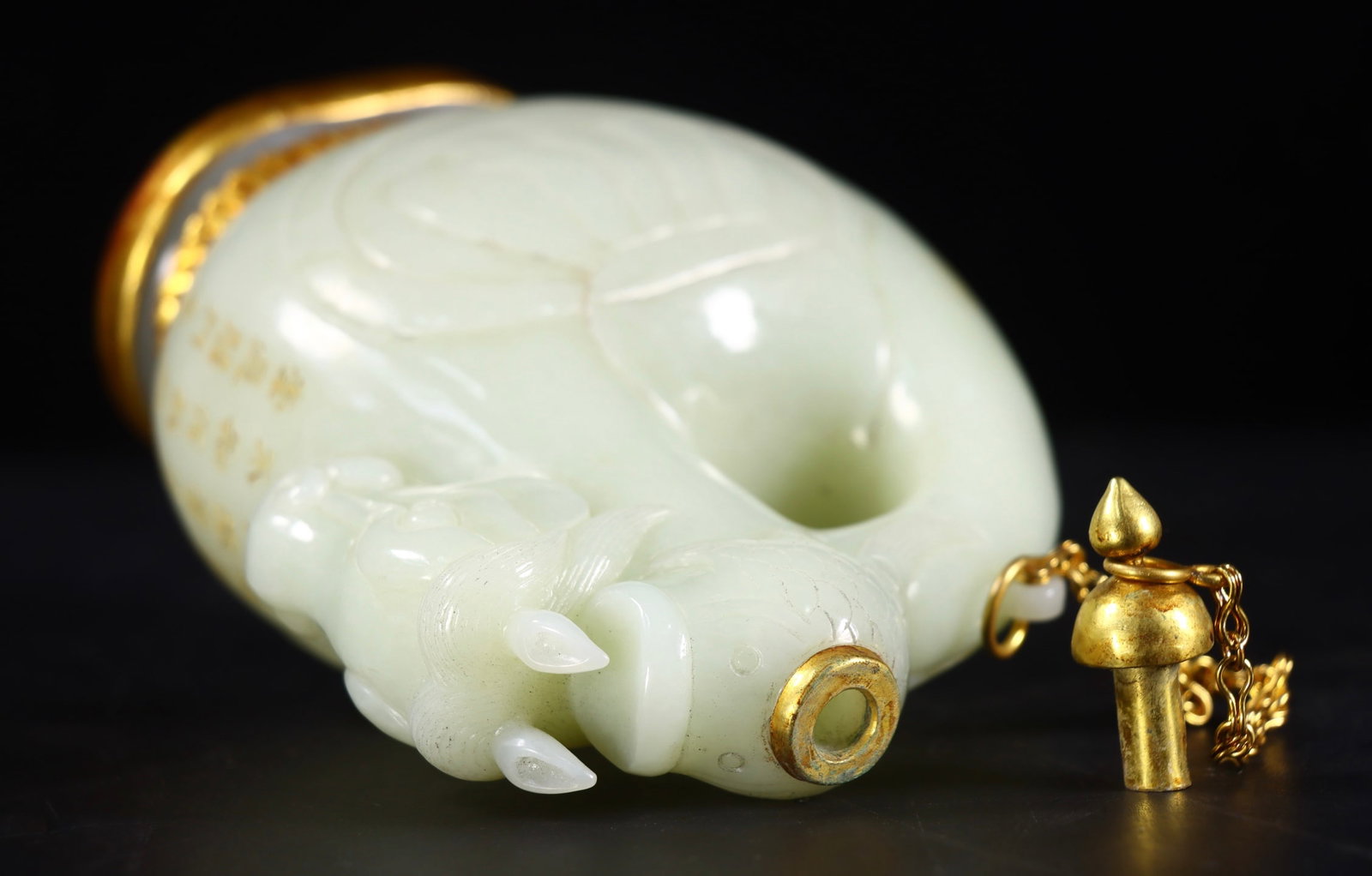 Inlaying Copper Edge Hetian Jade Hand-Carved Pot w Horse - 8