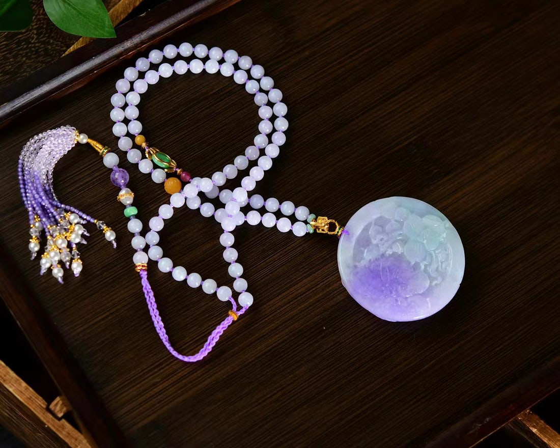 Purple Jadeite Hand-Carved Pendant w Phoenix & Peony & Hand Woven Beads Necklace - 2