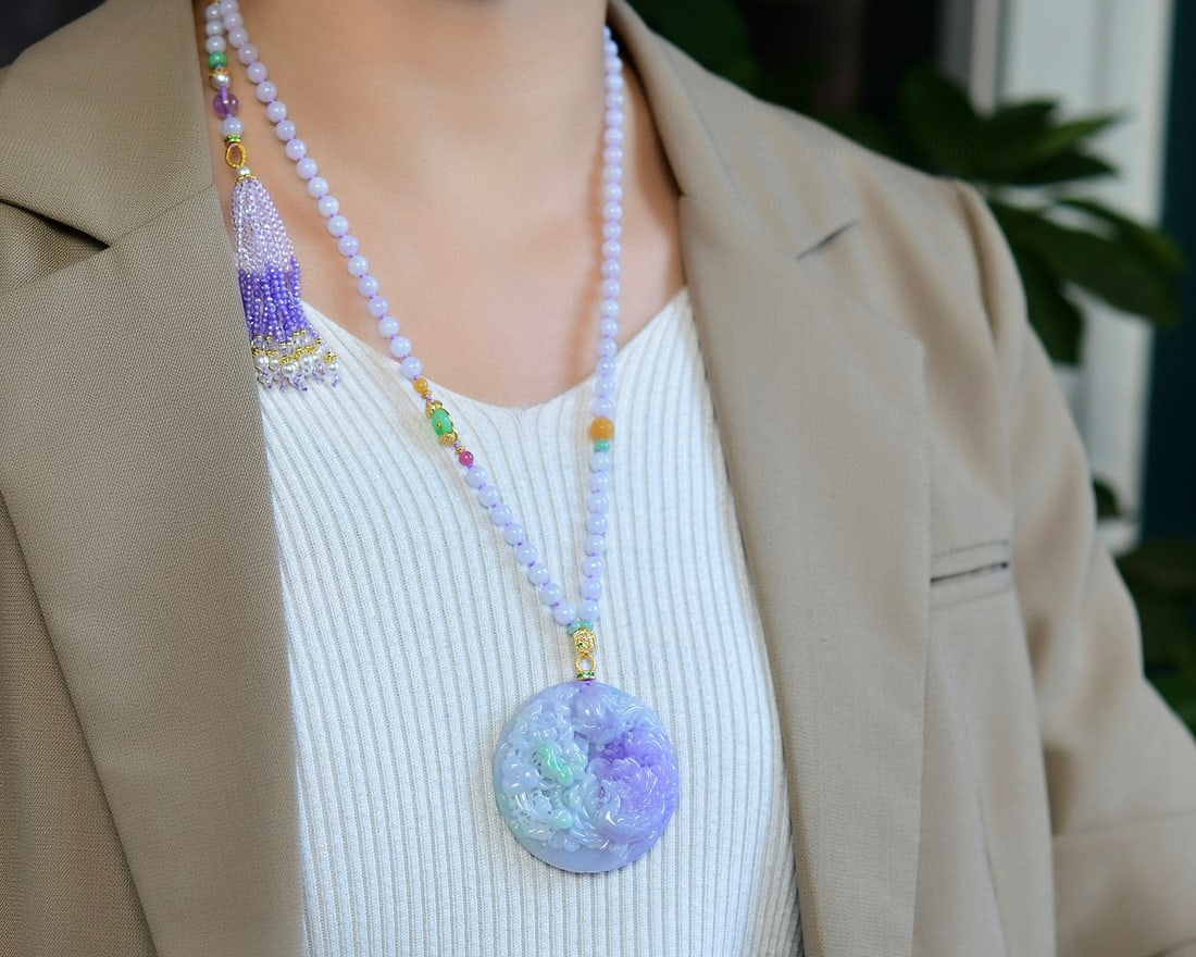 Purple Jadeite Hand-Carved Pendant w Phoenix & Peony & Hand Woven Beads Necklace - 3