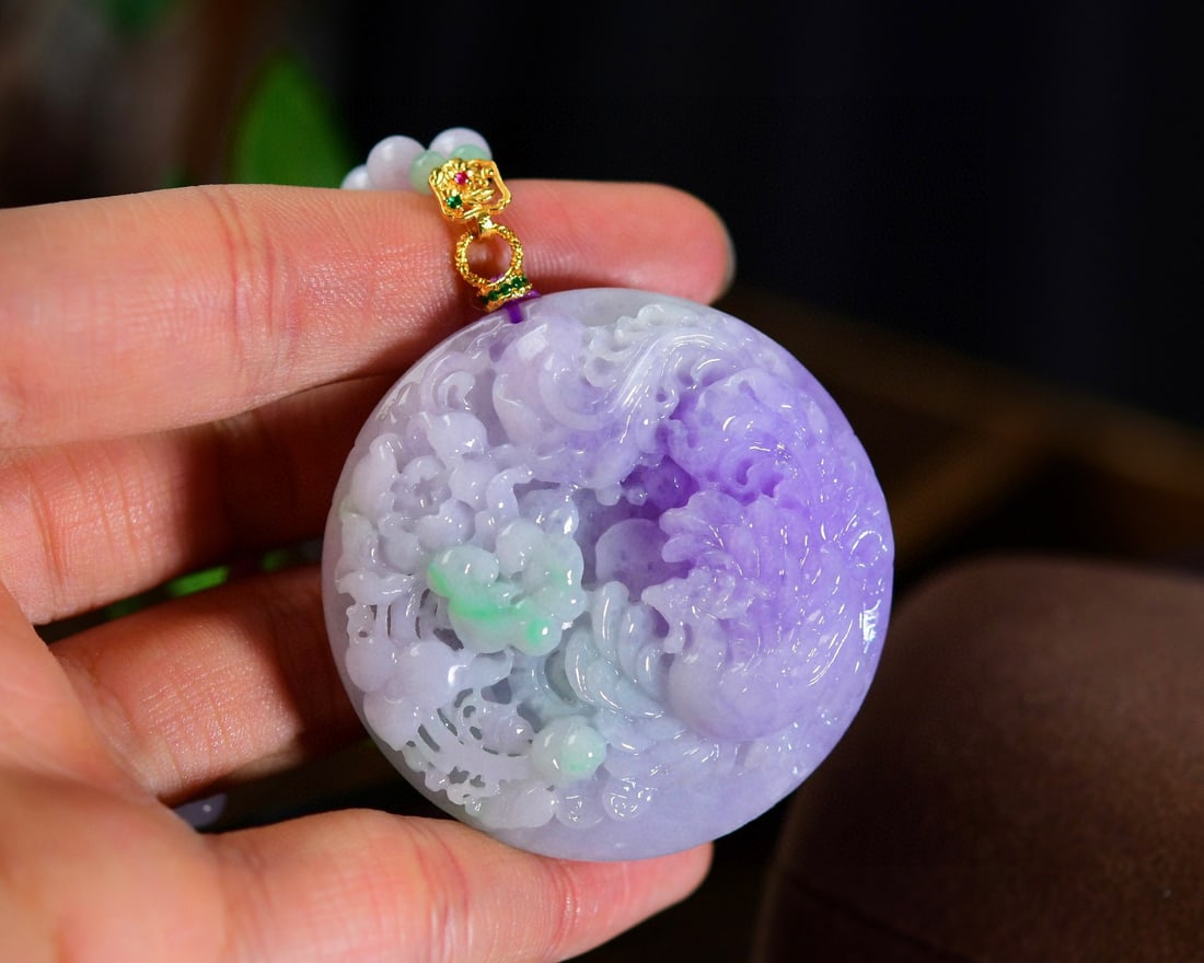 Purple Jadeite Hand-Carved Pendant w Phoenix & Peony & Hand Woven Beads Necklace - 5