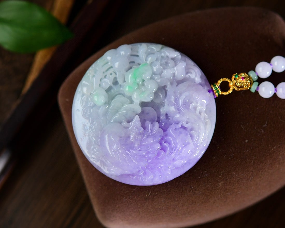Purple Jadeite Hand-Carved Pendant w Phoenix & Peony & Hand Woven Beads Necklace - 6