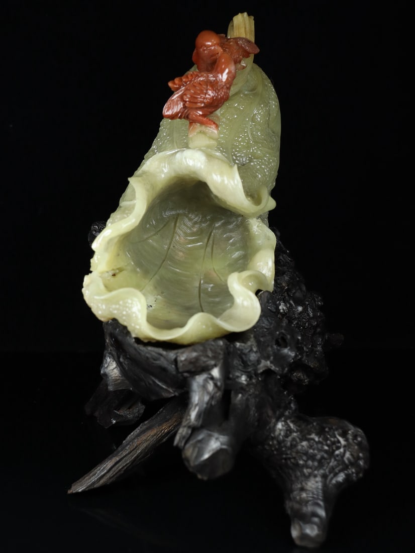 Vintage Shoushan Stone Hand-Carved Statue w Lotus Leaf & Quail - 3