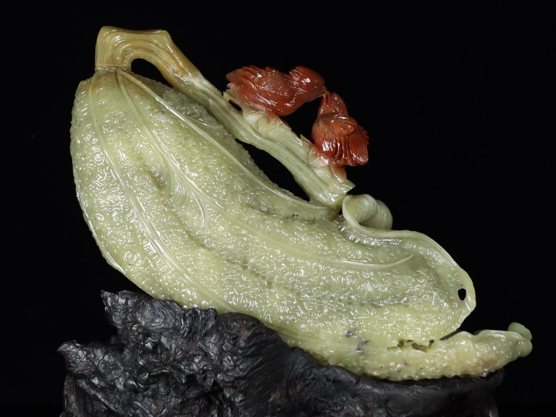 Vintage Shoushan Stone Hand-Carved Statue w Lotus Leaf & Quail - 4