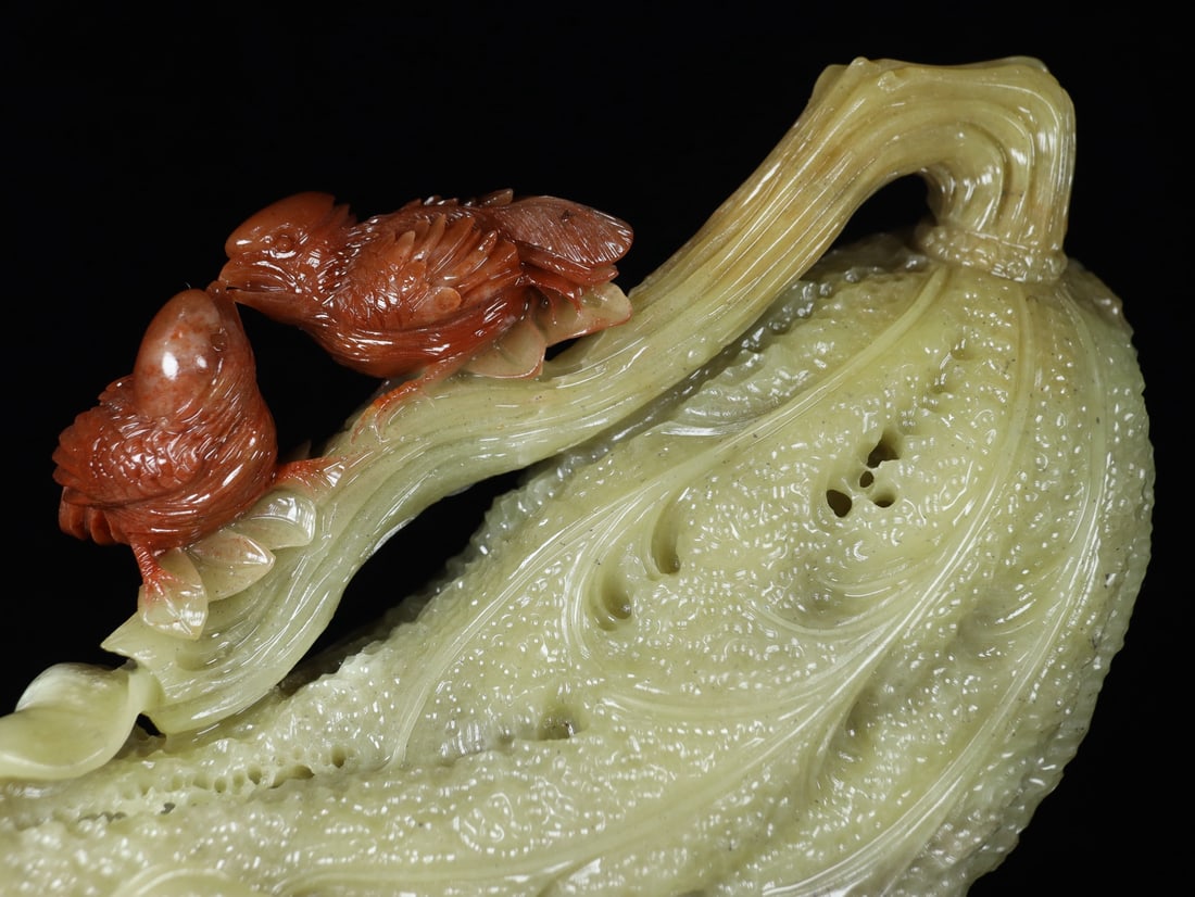 Vintage Shoushan Stone Hand-Carved Statue w Lotus Leaf & Quail - 6