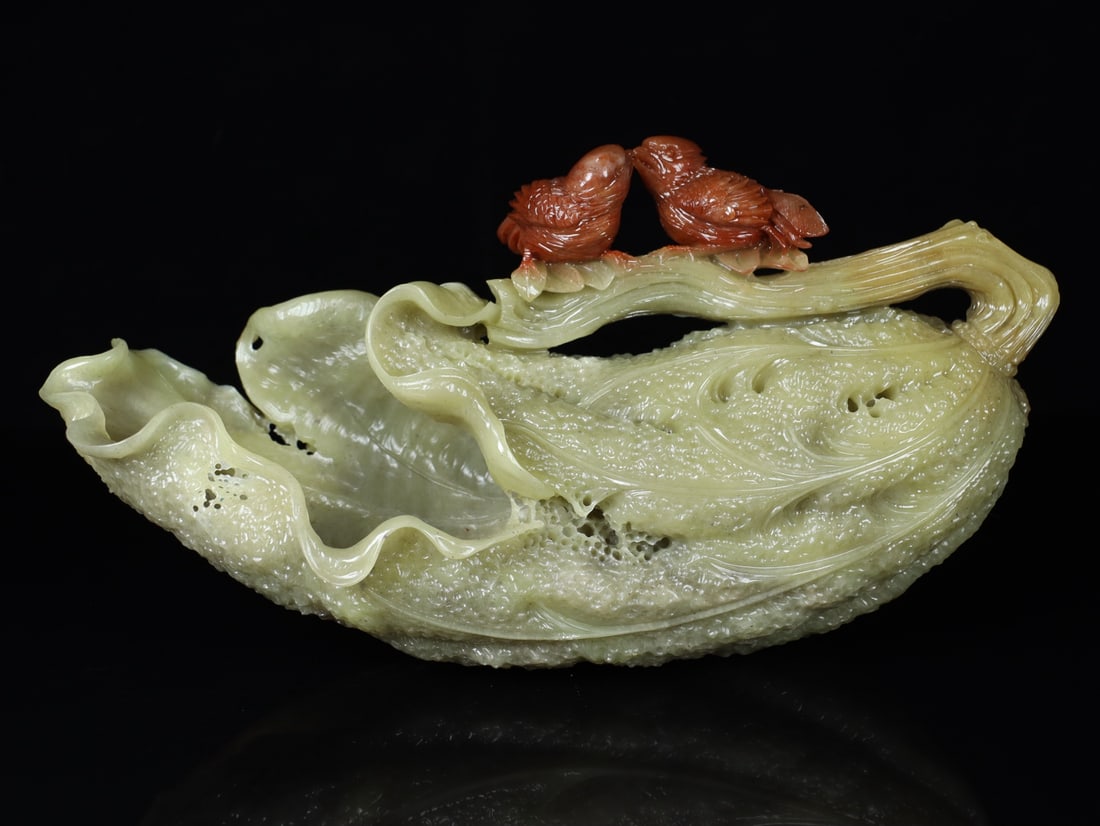 Vintage Shoushan Stone Hand-Carved Statue w Lotus Leaf & Quail - 8