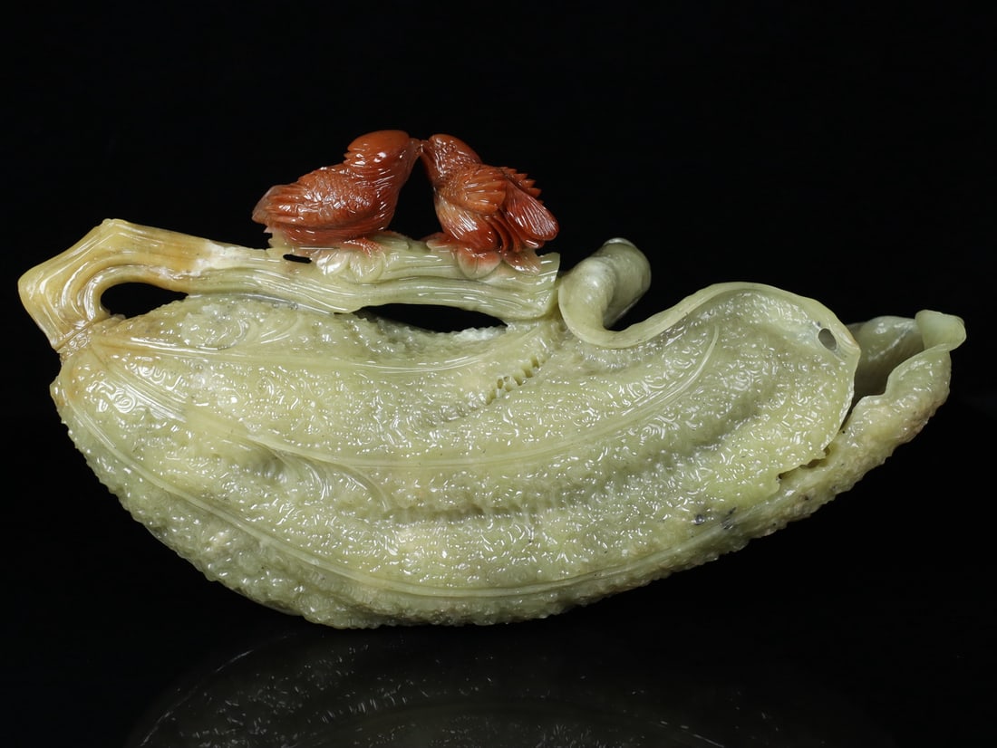 Vintage Shoushan Stone Hand-Carved Statue w Lotus Leaf & Quail - 9