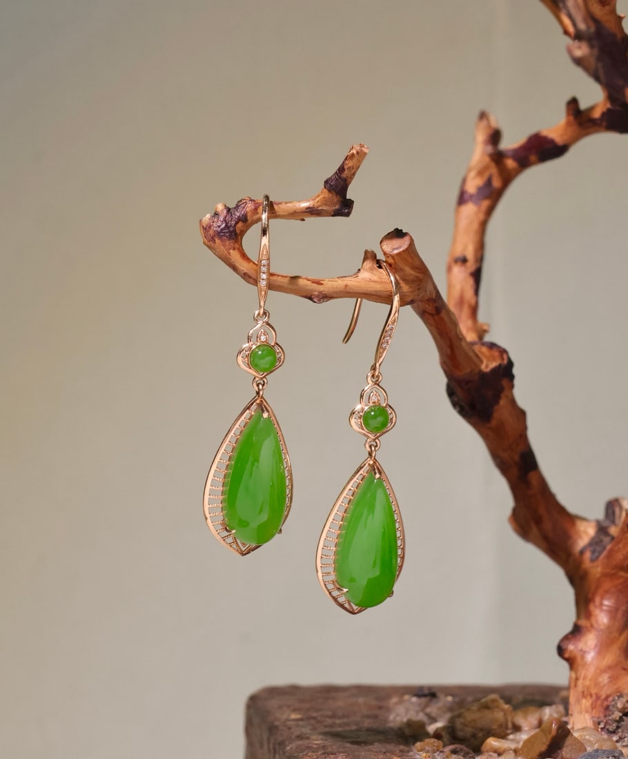 A Pair 18K Gold & Green Hetian Jade Earrings - 2