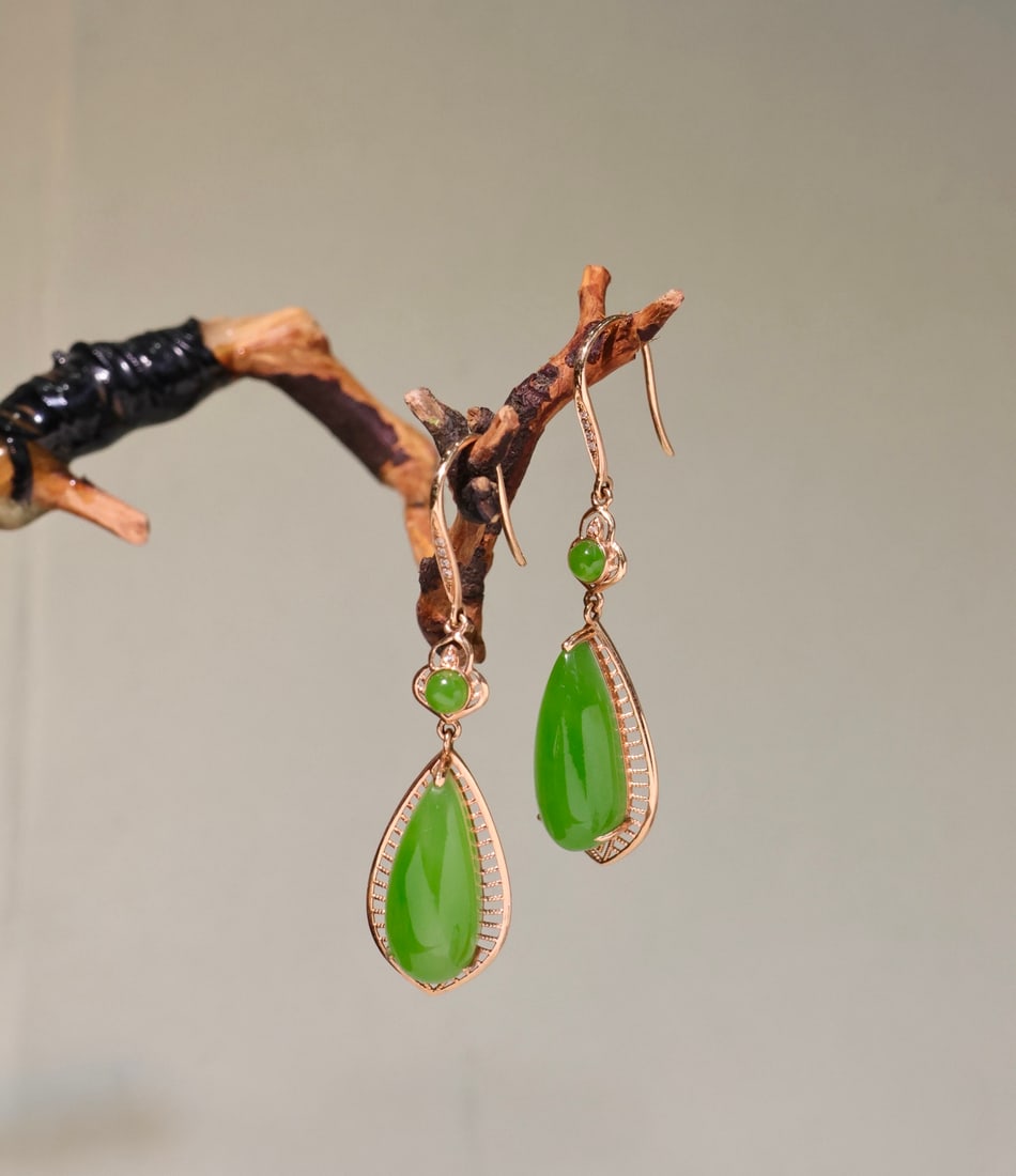 A Pair 18K Gold & Green Hetian Jade Earrings - 3