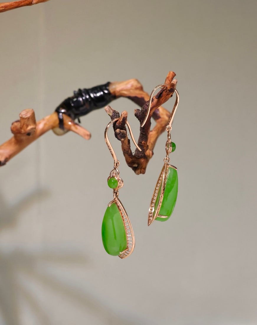 A Pair 18K Gold & Green Hetian Jade Earrings - 4