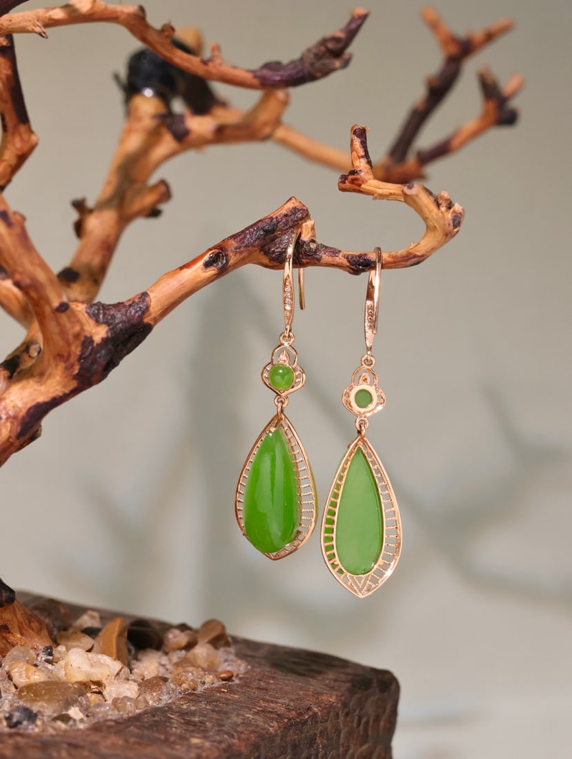 A Pair 18K Gold & Green Hetian Jade Earrings - 5