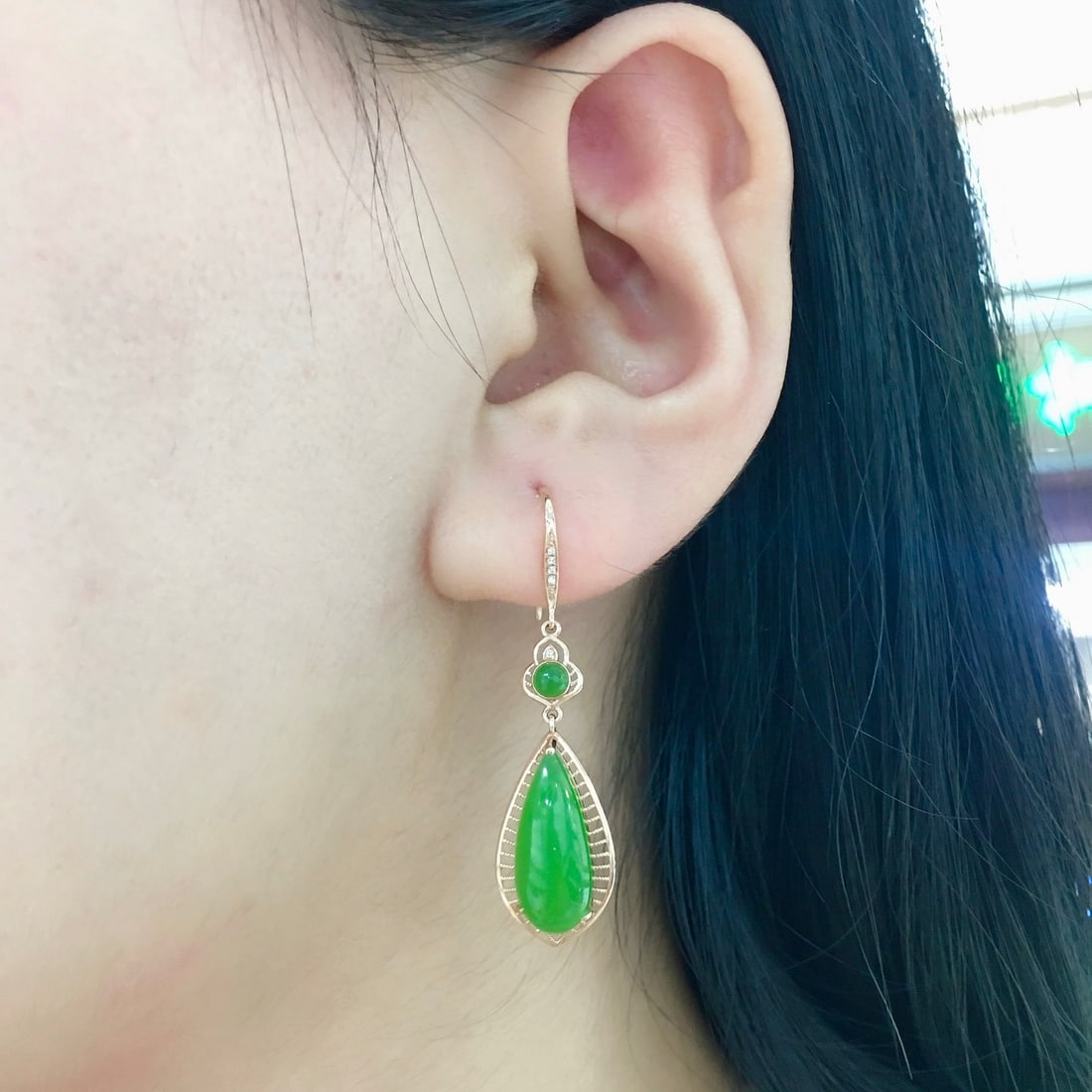 A Pair 18K Gold & Green Hetian Jade Earrings - 6