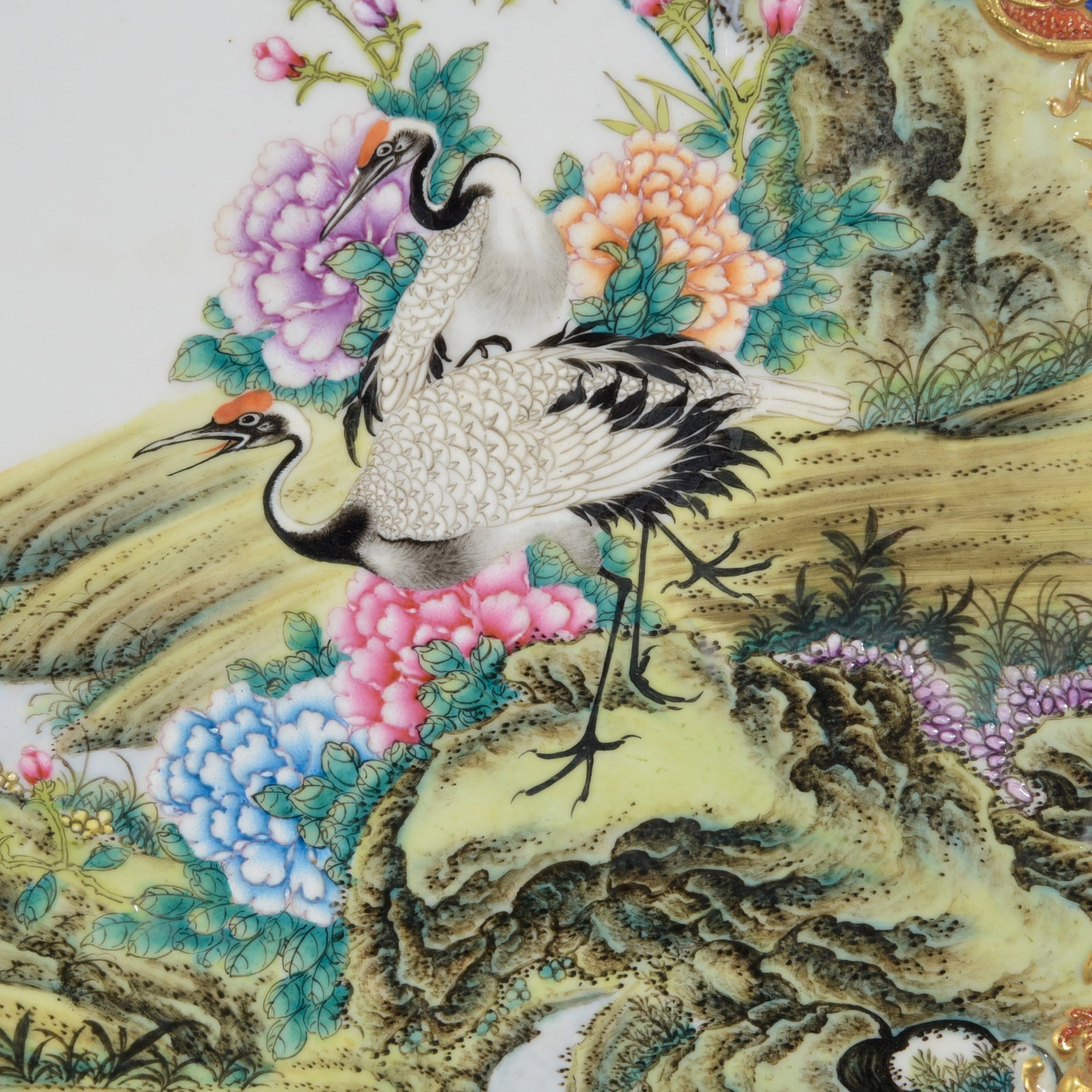 Porcelain Screen Gilt Gold Famille Rose w Pine Tree & Crane ,Qing Dynasty QianLong Mark - 2