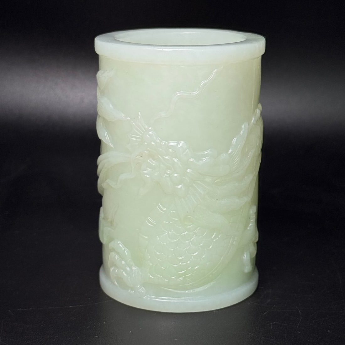 Natural Hetian Jade Low Relief Brush Pot w Fortune Dagon (1 of 9)