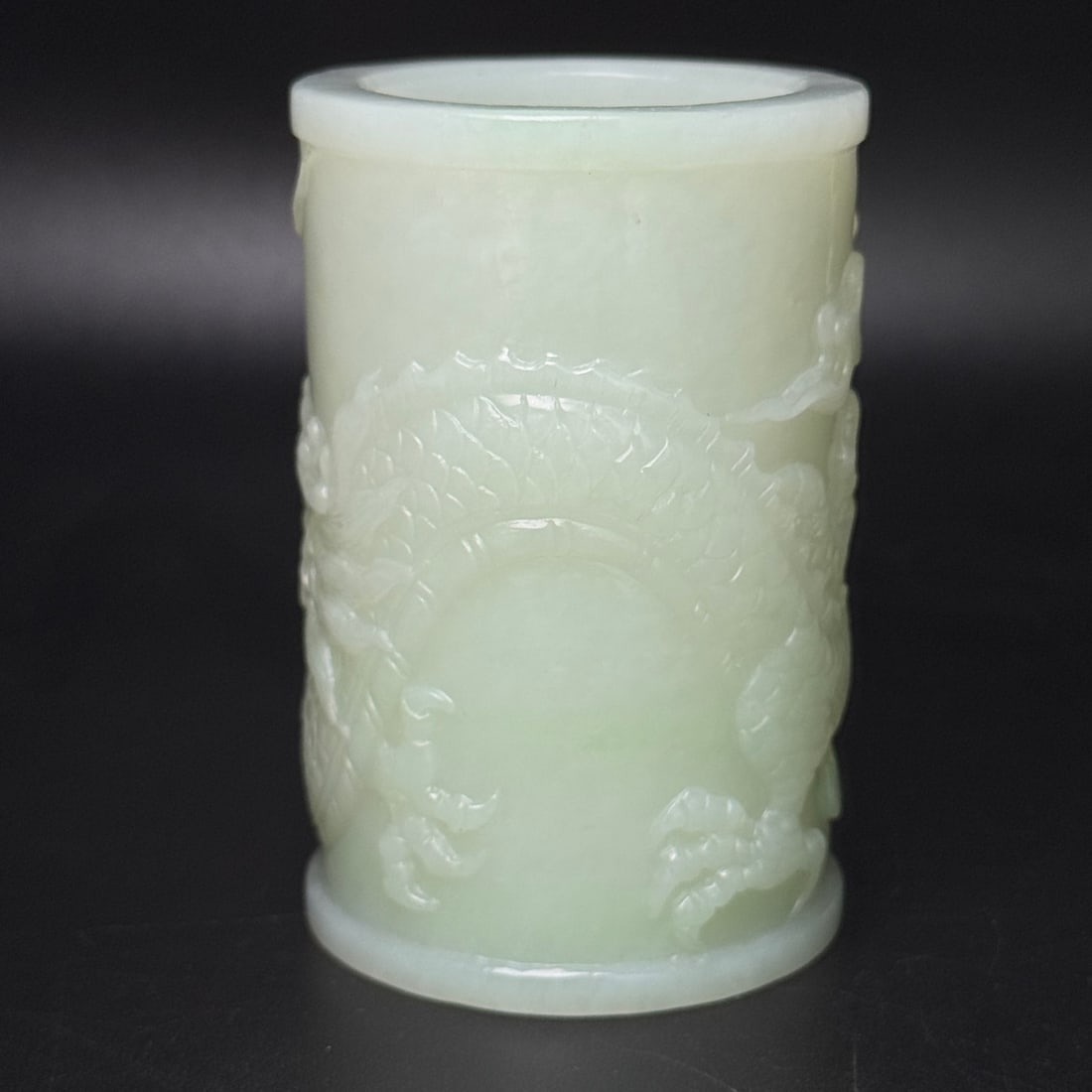 Natural Hetian Jade Low Relief Brush Pot w Fortune Dagon - 2