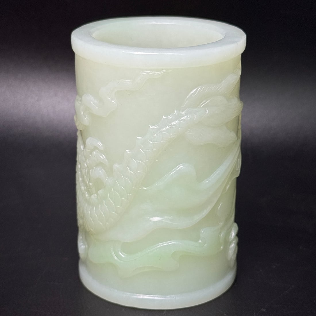 Natural Hetian Jade Low Relief Brush Pot w Fortune Dagon - 3