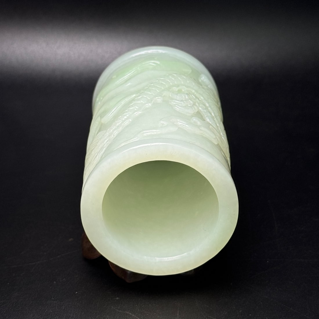 Natural Hetian Jade Low Relief Brush Pot w Fortune Dagon - 5
