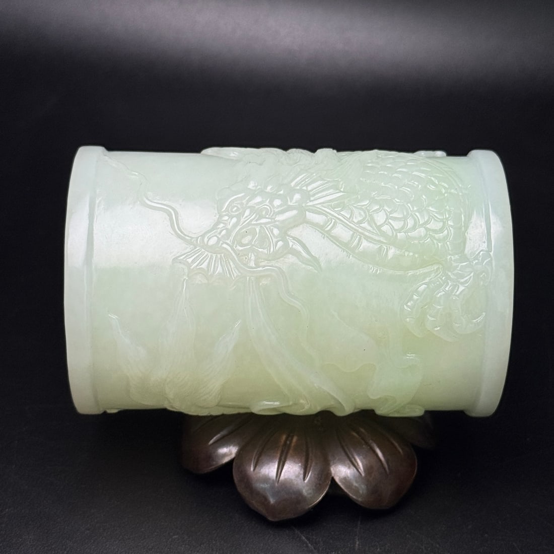 Natural Hetian Jade Low Relief Brush Pot w Fortune Dagon - 6