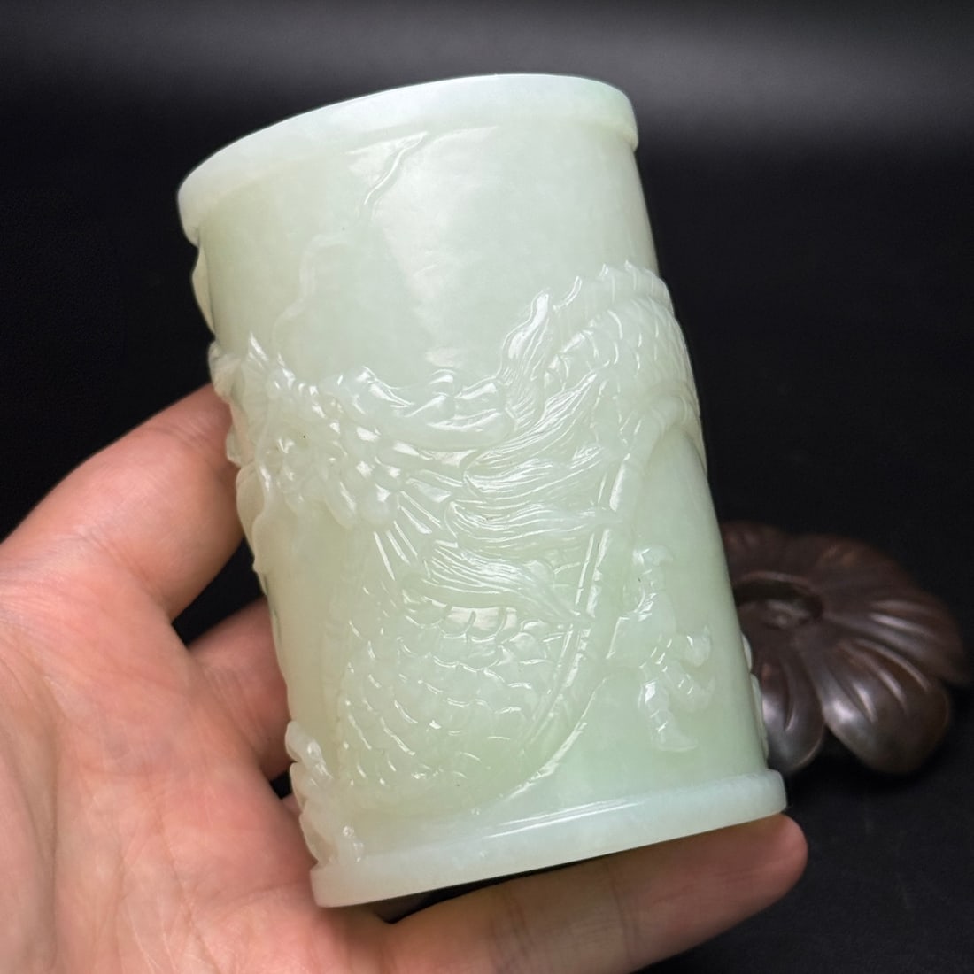 Natural Hetian Jade Low Relief Brush Pot w Fortune Dagon - 7