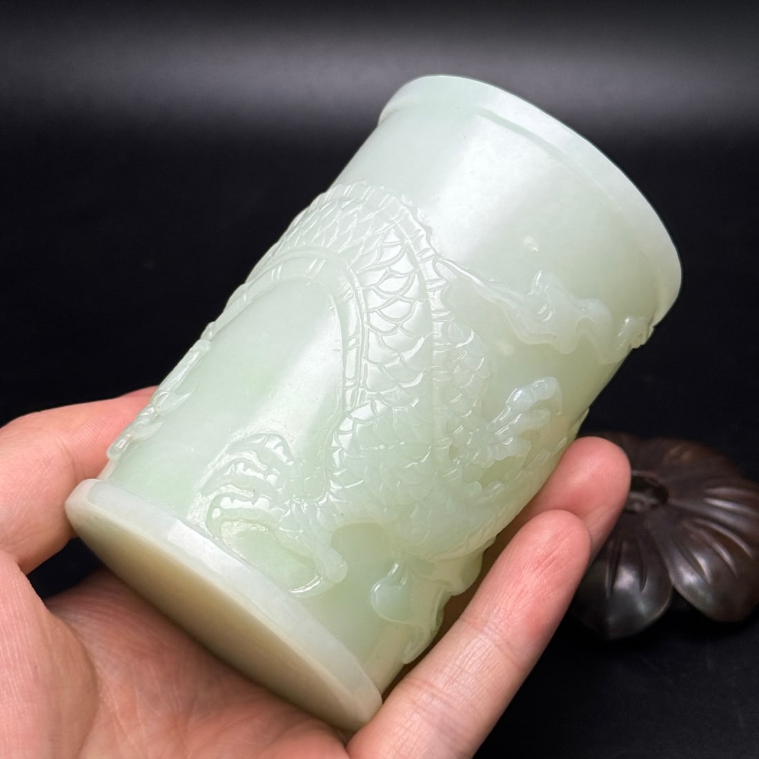 Natural Hetian Jade Low Relief Brush Pot w Fortune Dagon - 8