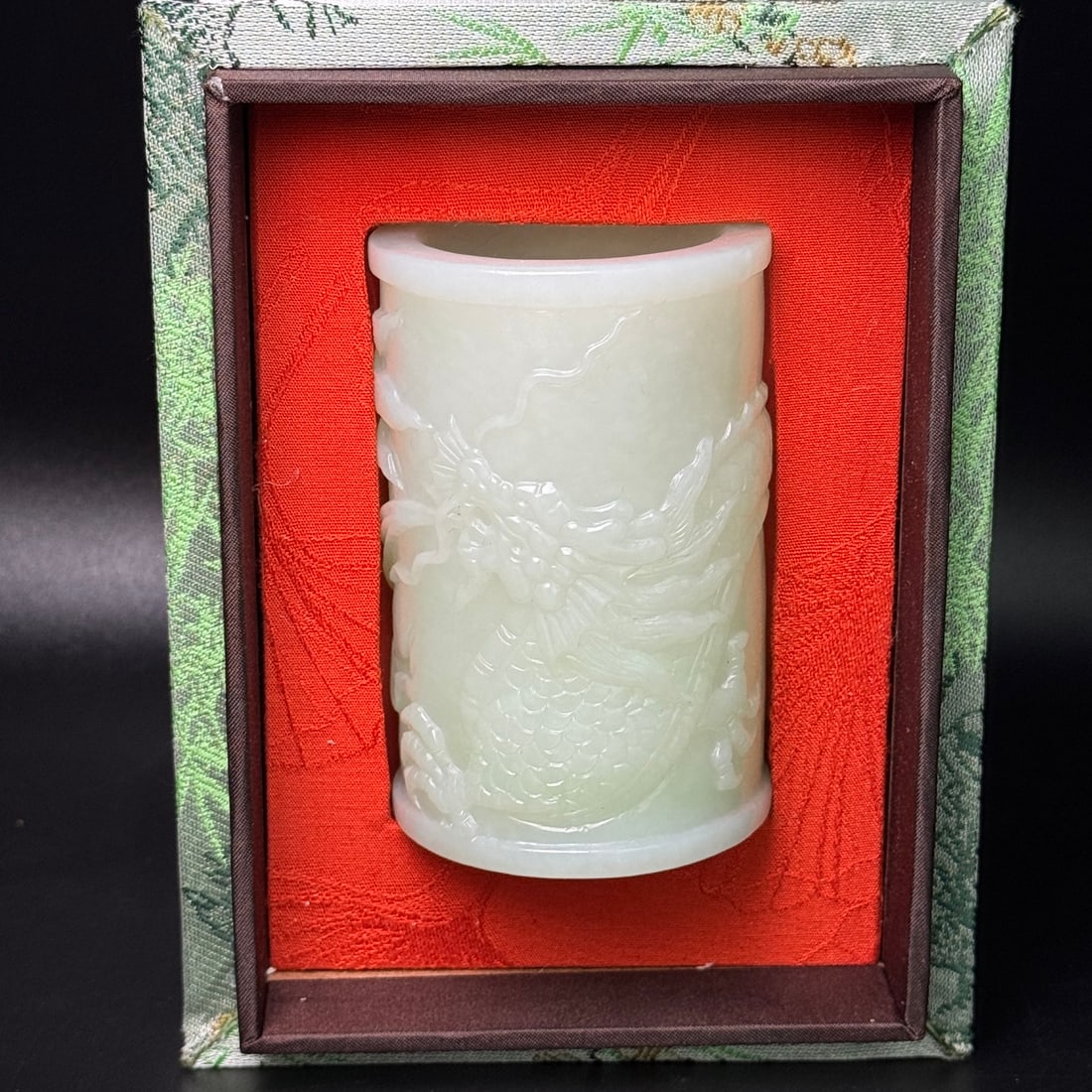 Natural Hetian Jade Low Relief Brush Pot w Fortune Dagon - 9