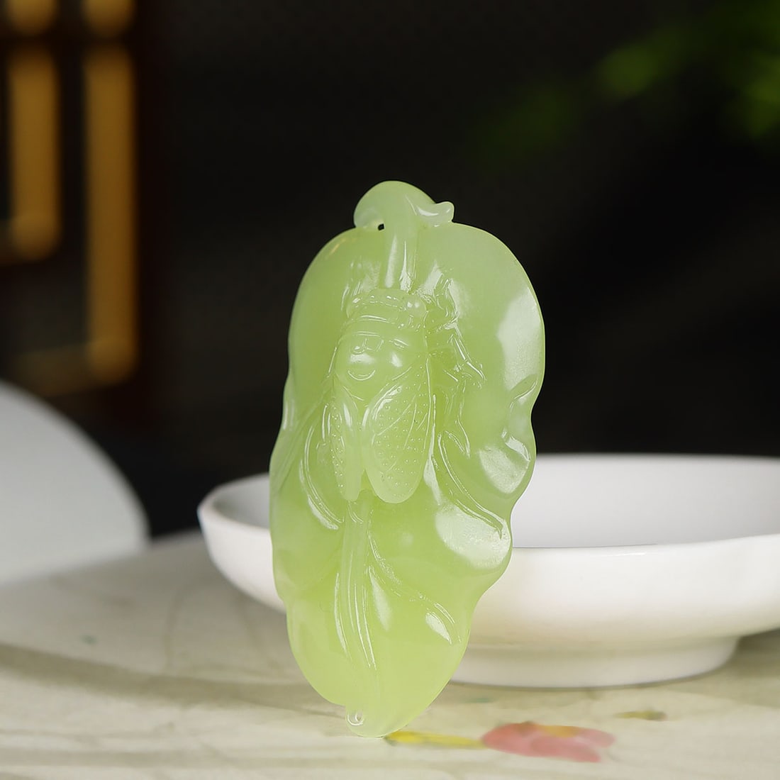 Natural Hetian Jade Hand-Carved Pendant w Leaf & Cicada - 2