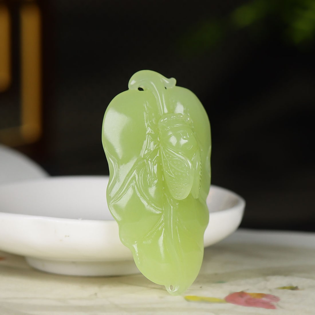 Natural Hetian Jade Hand-Carved Pendant w Leaf & Cicada - 3