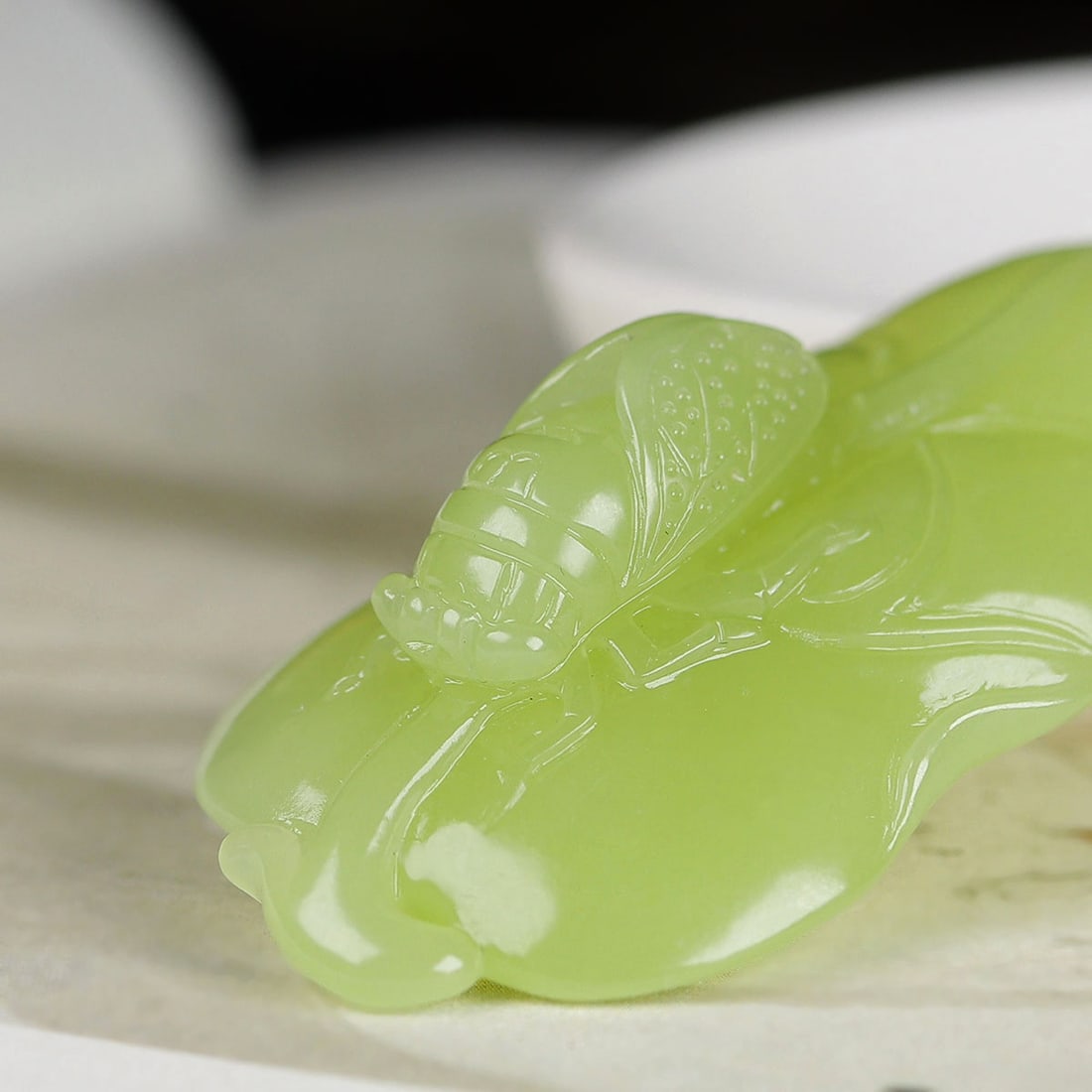 Natural Hetian Jade Hand-Carved Pendant w Leaf & Cicada - 4