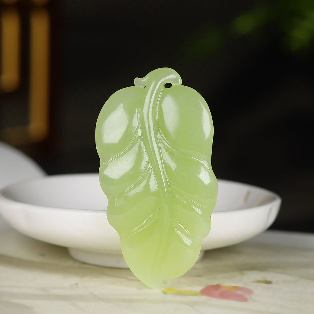 Natural Hetian Jade Hand-Carved Pendant w Leaf & Cicada - 5