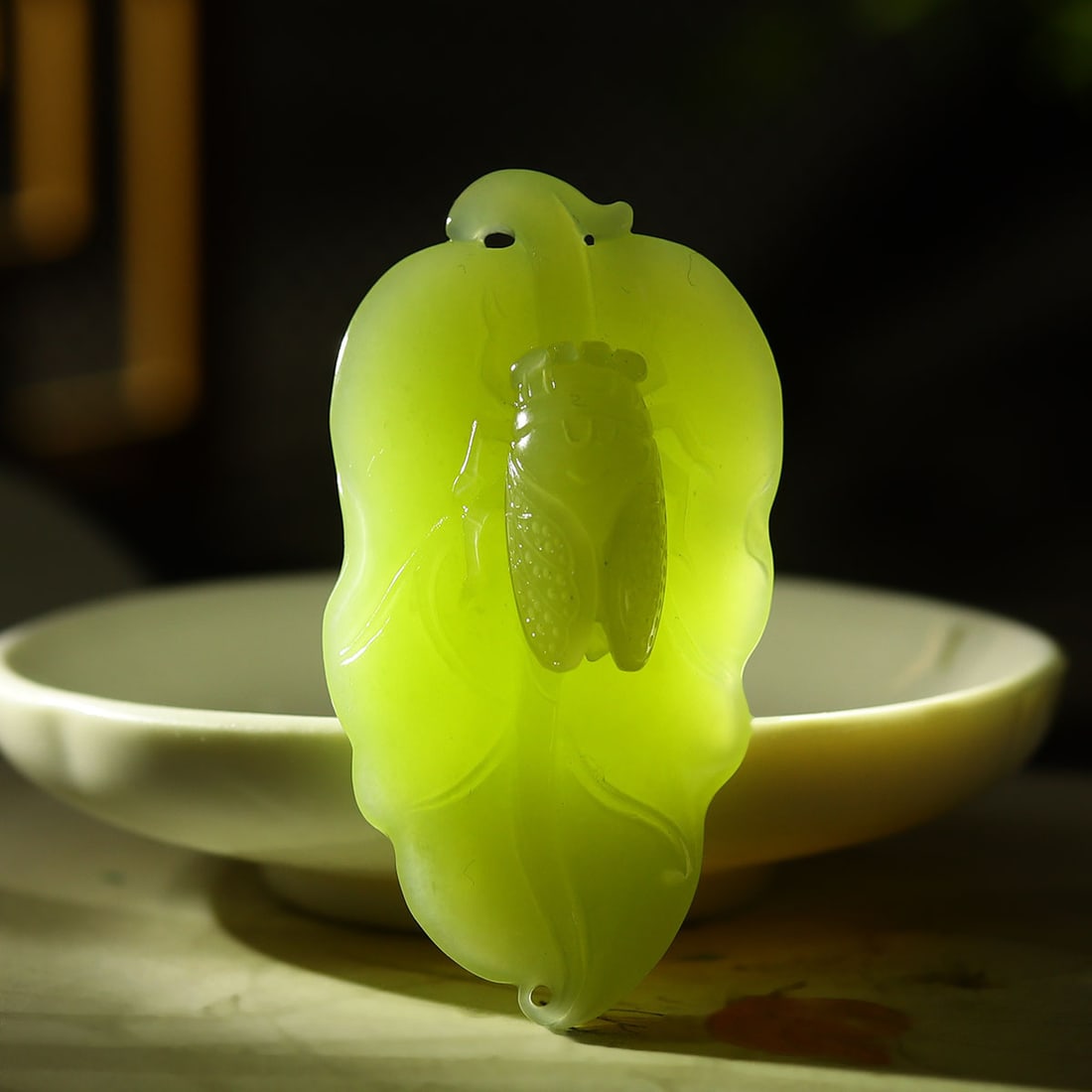 Natural Hetian Jade Hand-Carved Pendant w Leaf & Cicada - 6