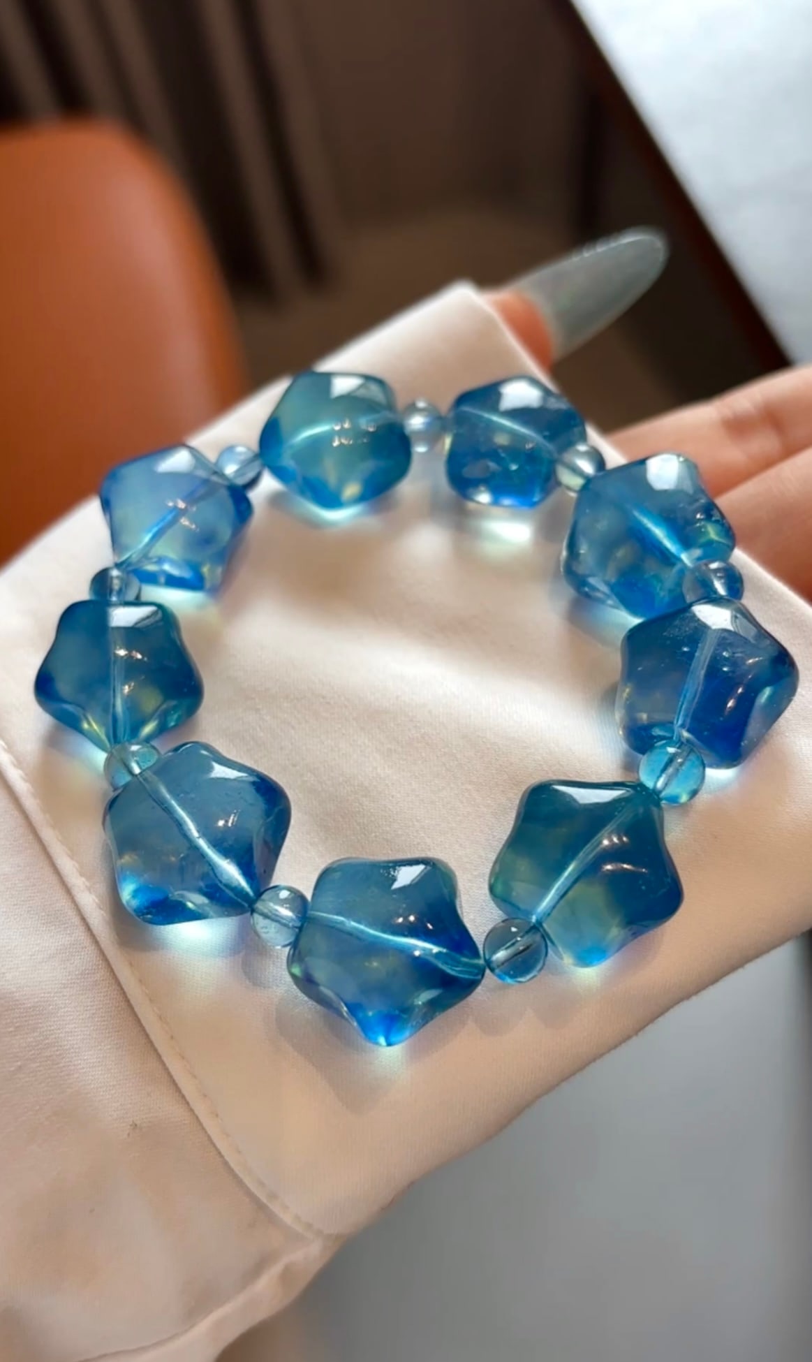 Natural Aquamarine Star Beads Bracelet: Title: Natural Aquamarine Star Beads Bracelet Origin: Chinese Date/Period: After2020 Materials: Aquamarine Dimensions: 17.5 (mm) 0.69 (inches)Weight: 0.11 lbs/ 48.2 g Reserve: $799.00 Shipping: