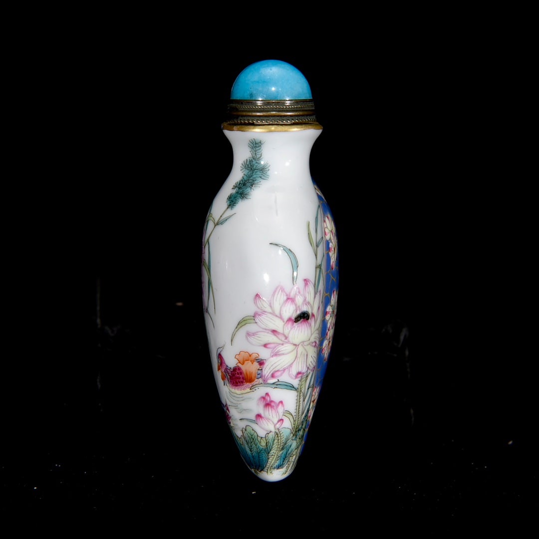 Porcelain Snuff Bottle Gilt Edge Famille Rose w Mandarin Ducks & Lotus Leaf & Lotus Flower - 2