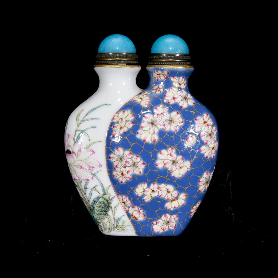 Porcelain Snuff Bottle Gilt Edge Famille Rose w Mandarin Ducks & Lotus Leaf & Lotus Flower - 3