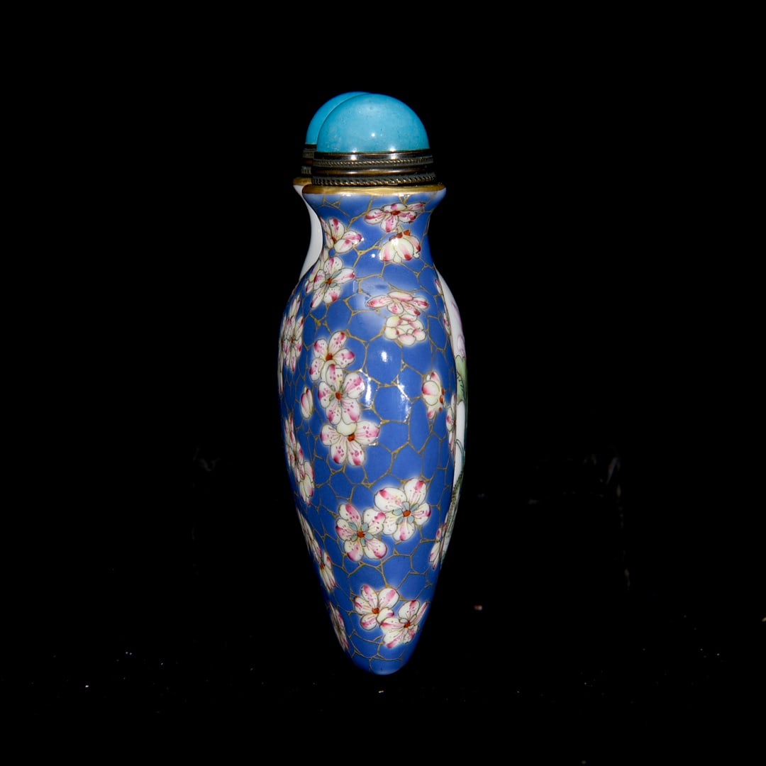Porcelain Snuff Bottle Gilt Edge Famille Rose w Mandarin Ducks & Lotus Leaf & Lotus Flower - 4