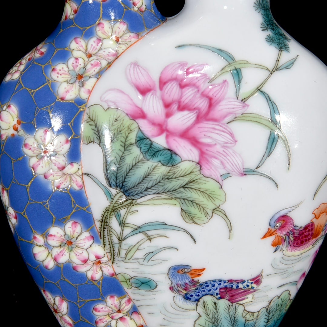 Porcelain Snuff Bottle Gilt Edge Famille Rose w Mandarin Ducks & Lotus Leaf & Lotus Flower - 6