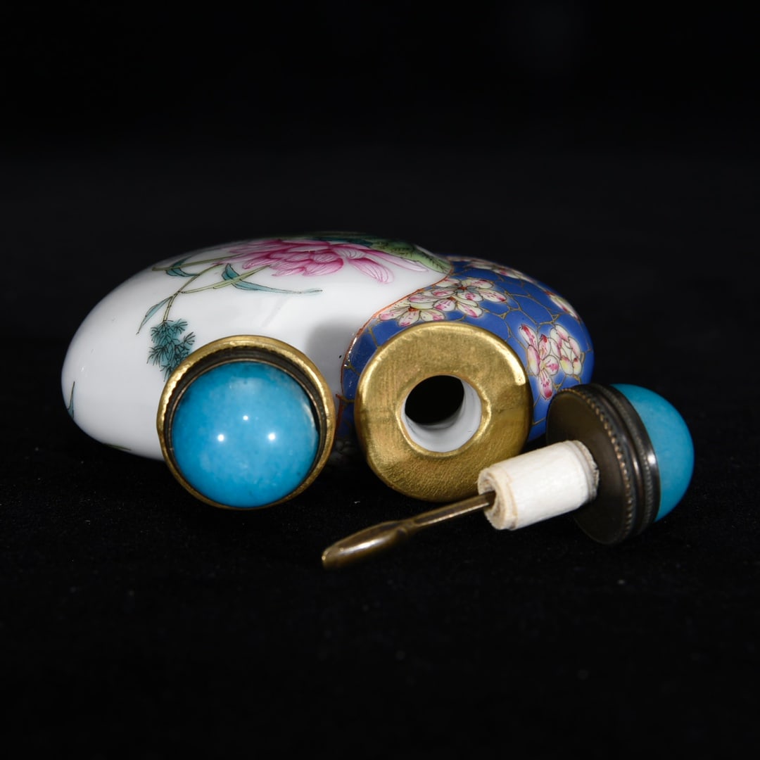 Porcelain Snuff Bottle Gilt Edge Famille Rose w Mandarin Ducks & Lotus Leaf & Lotus Flower - 8