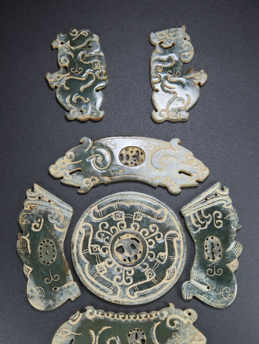 A Set Vintage Hetian Jade Hand-Carved Jade Bi Statue w Fortune Dragon - 2