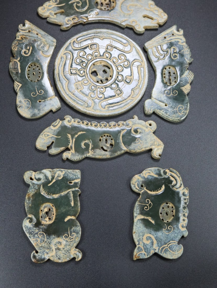 A Set Vintage Hetian Jade Hand-Carved Jade Bi Statue w Fortune Dragon - 3