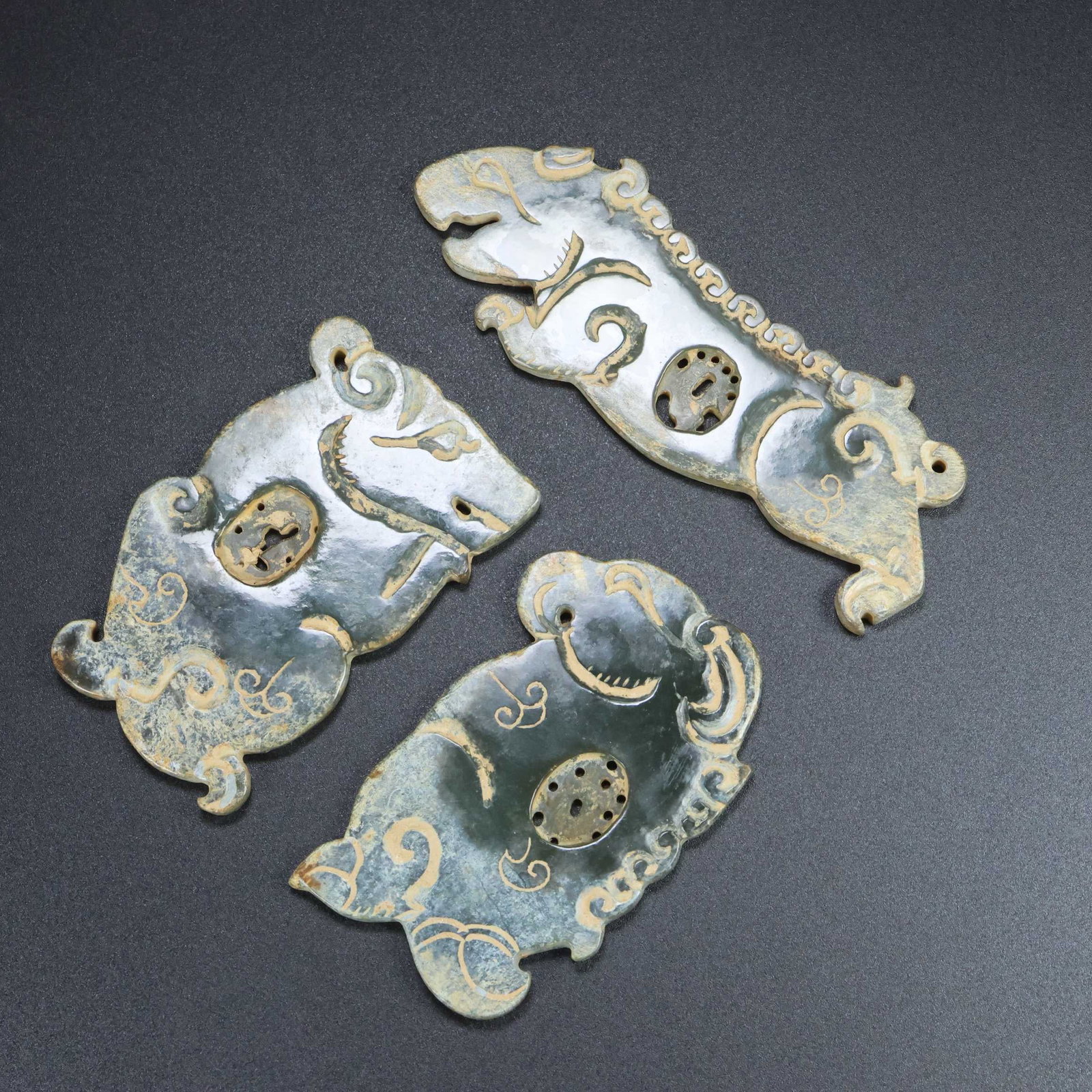 A Set Vintage Hetian Jade Hand-Carved Jade Bi Statue w Fortune Dragon - 4