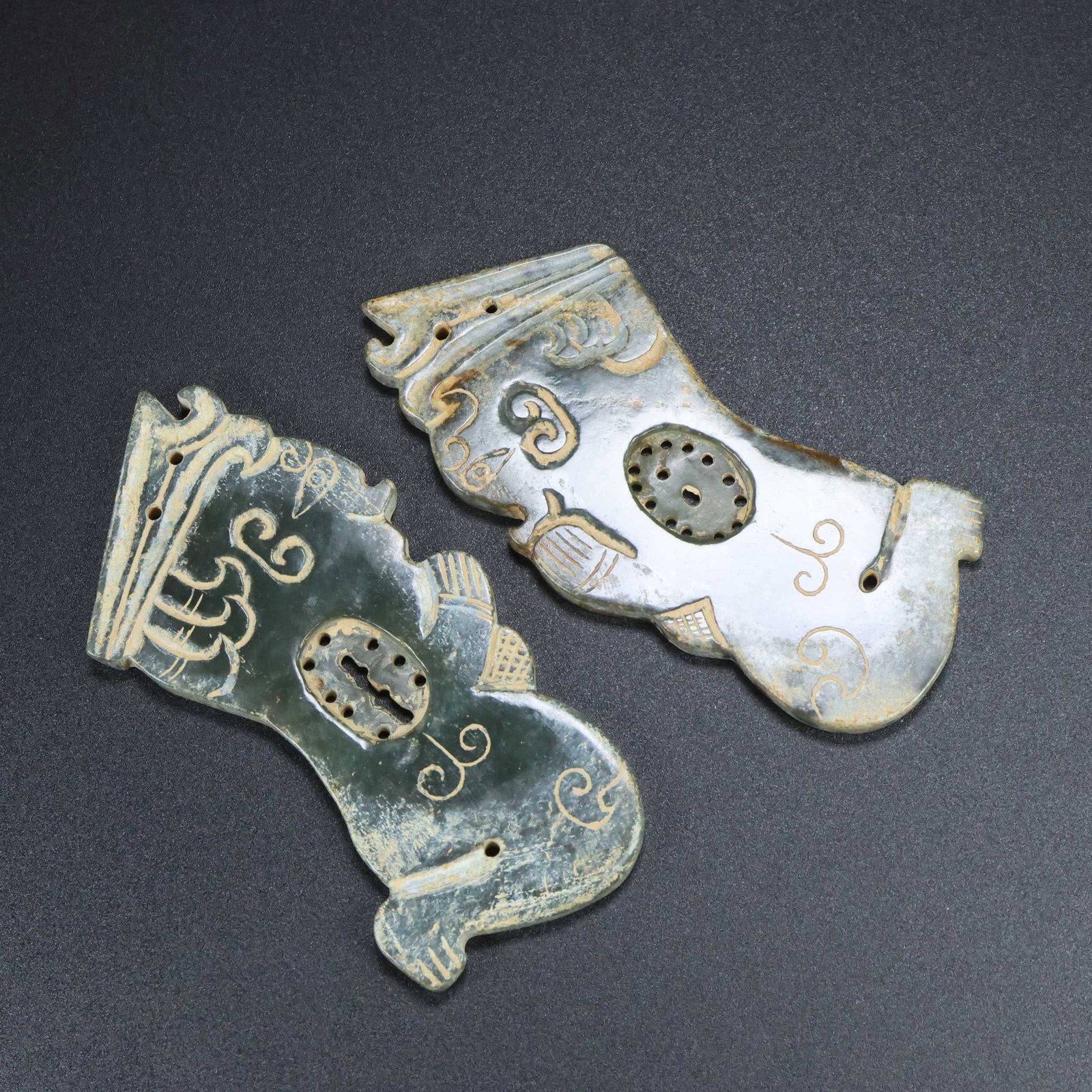 A Set Vintage Hetian Jade Hand-Carved Jade Bi Statue w Fortune Dragon - 5