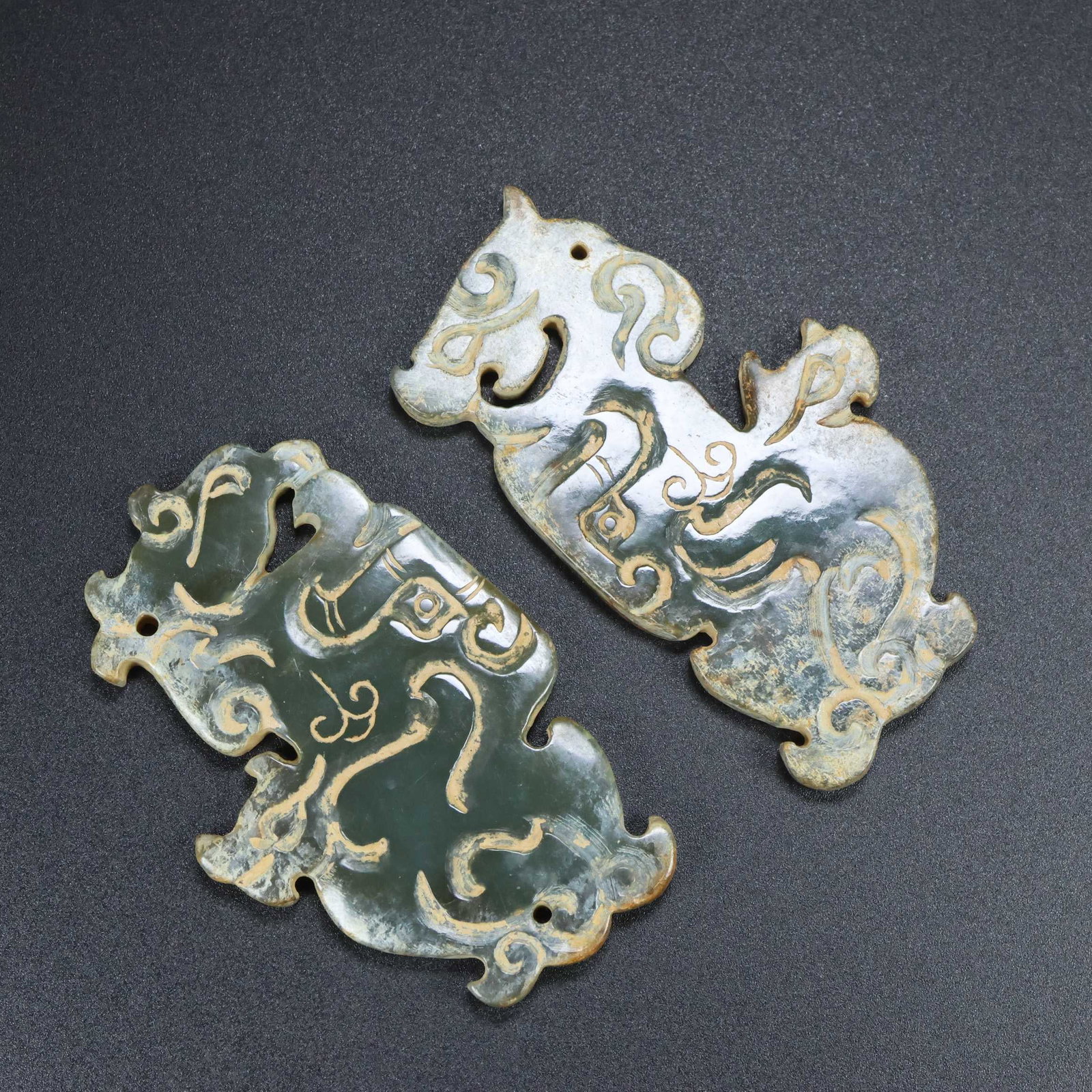 A Set Vintage Hetian Jade Hand-Carved Jade Bi Statue w Fortune Dragon - 6