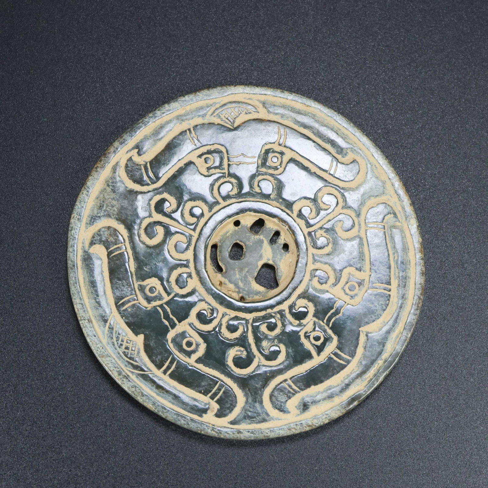 A Set Vintage Hetian Jade Hand-Carved Jade Bi Statue w Fortune Dragon - 7
